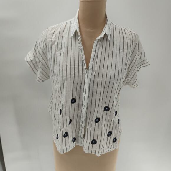 Sz S Madewell Striped Embroidered Button Up Blouse Top Short Sleeve white - Picture 8 of 16